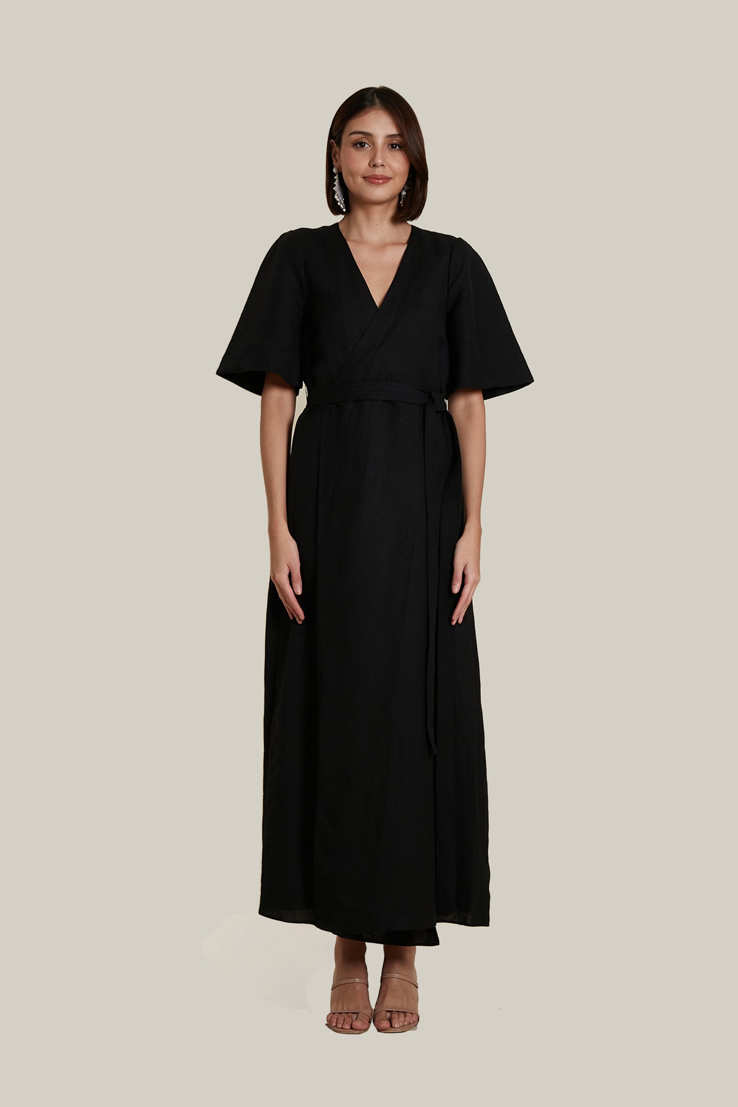 Wrap A-line Dress in Black Linen