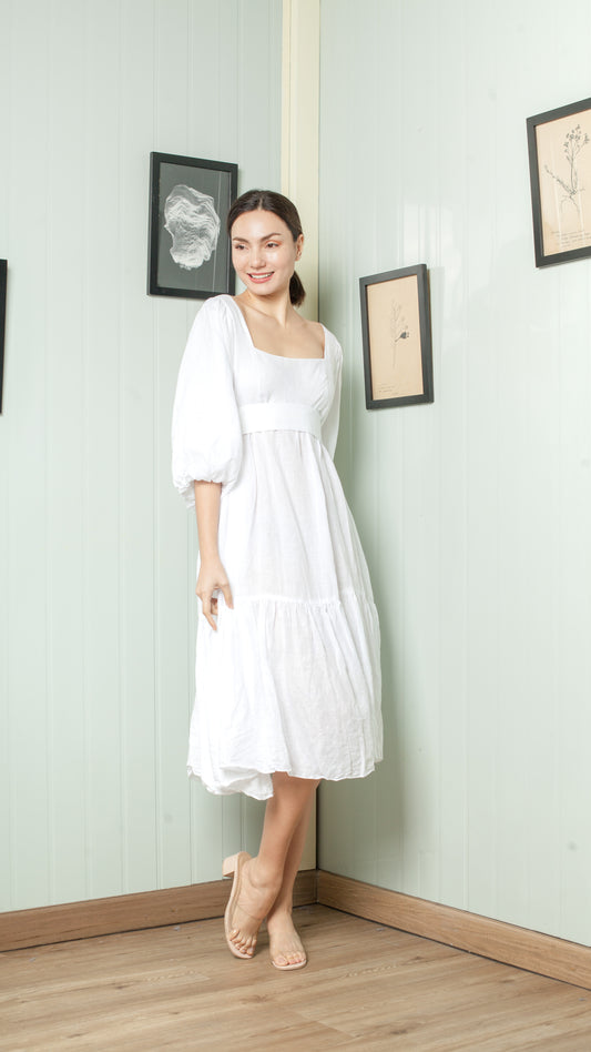 Oversized Tie Back 3/4 Mushroom Sleeve Shirred Hem Midi Dress — White