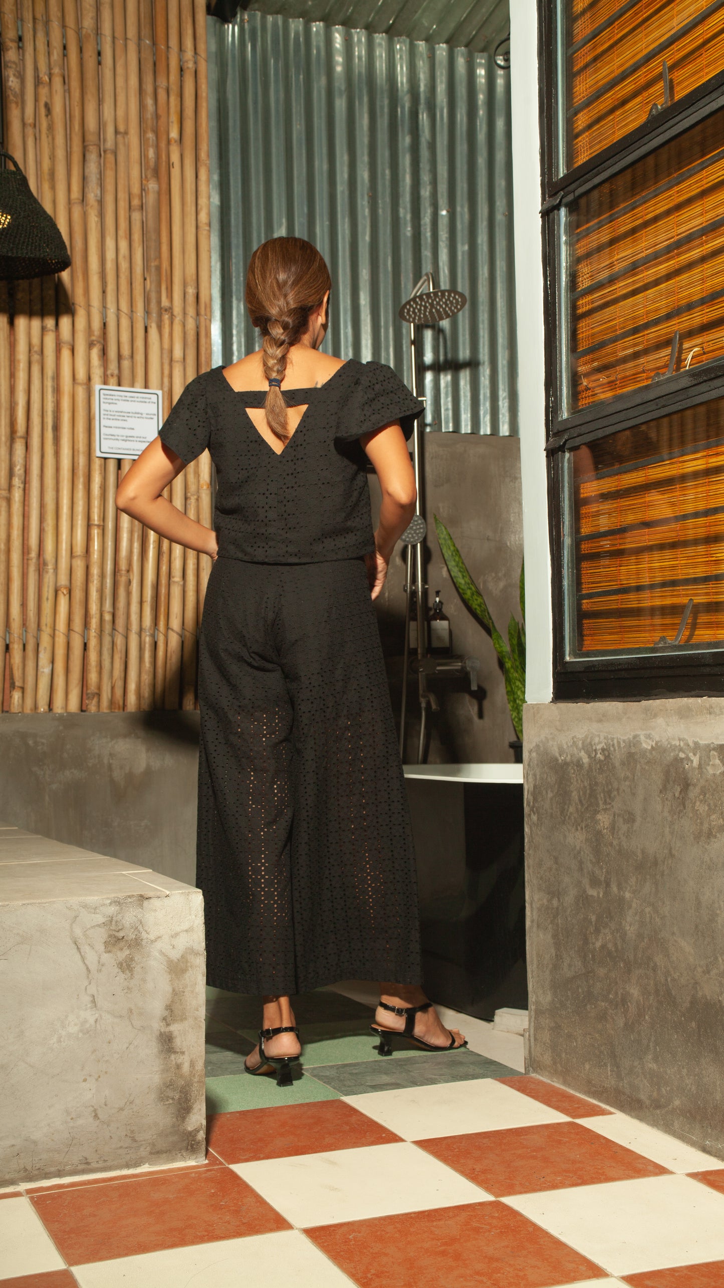 Flat Waistband Wide Hem Pants with Belt Loop in Black Eyelet