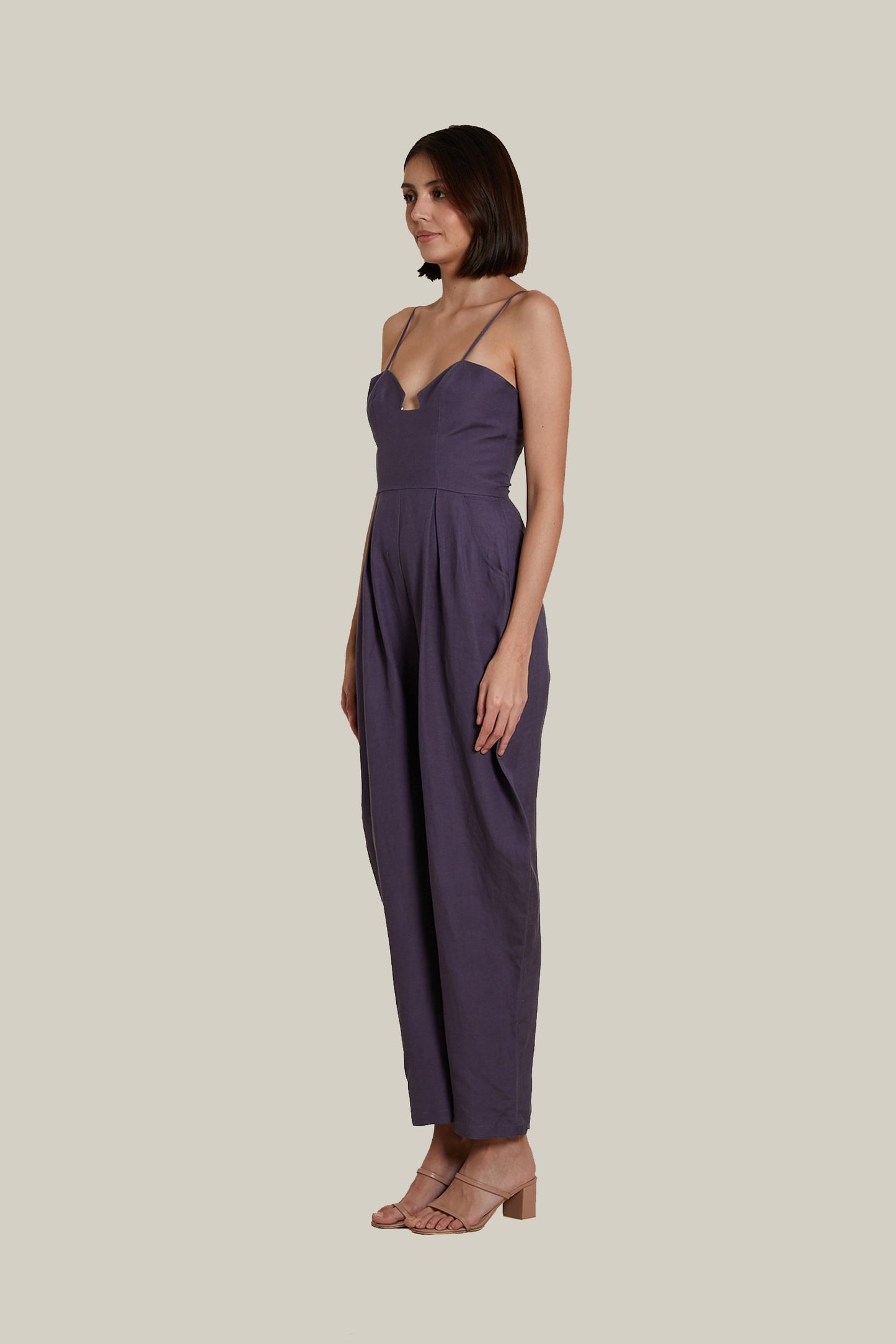 Sweetheart Baggy Jumpsuit in Deep Purple Linen