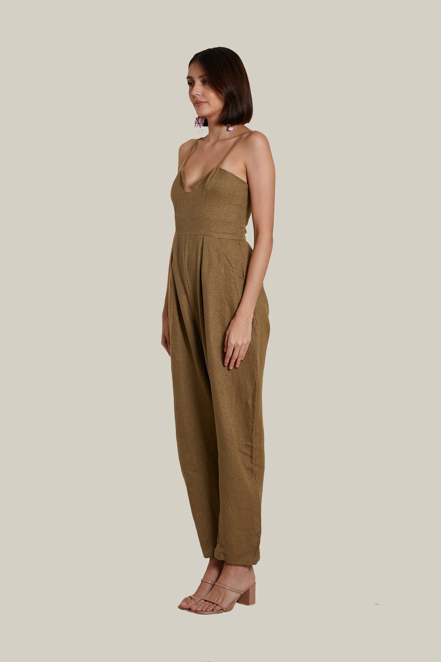 Sweetheart Baggy Jumpsuit in Brown Thick Woven Linen