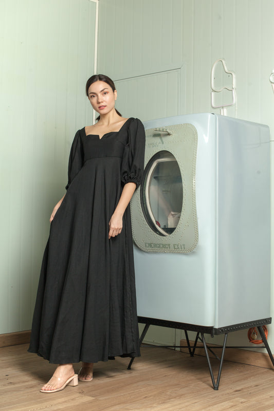 Sweetheart V Cutout Puff Sleeve Long Dress