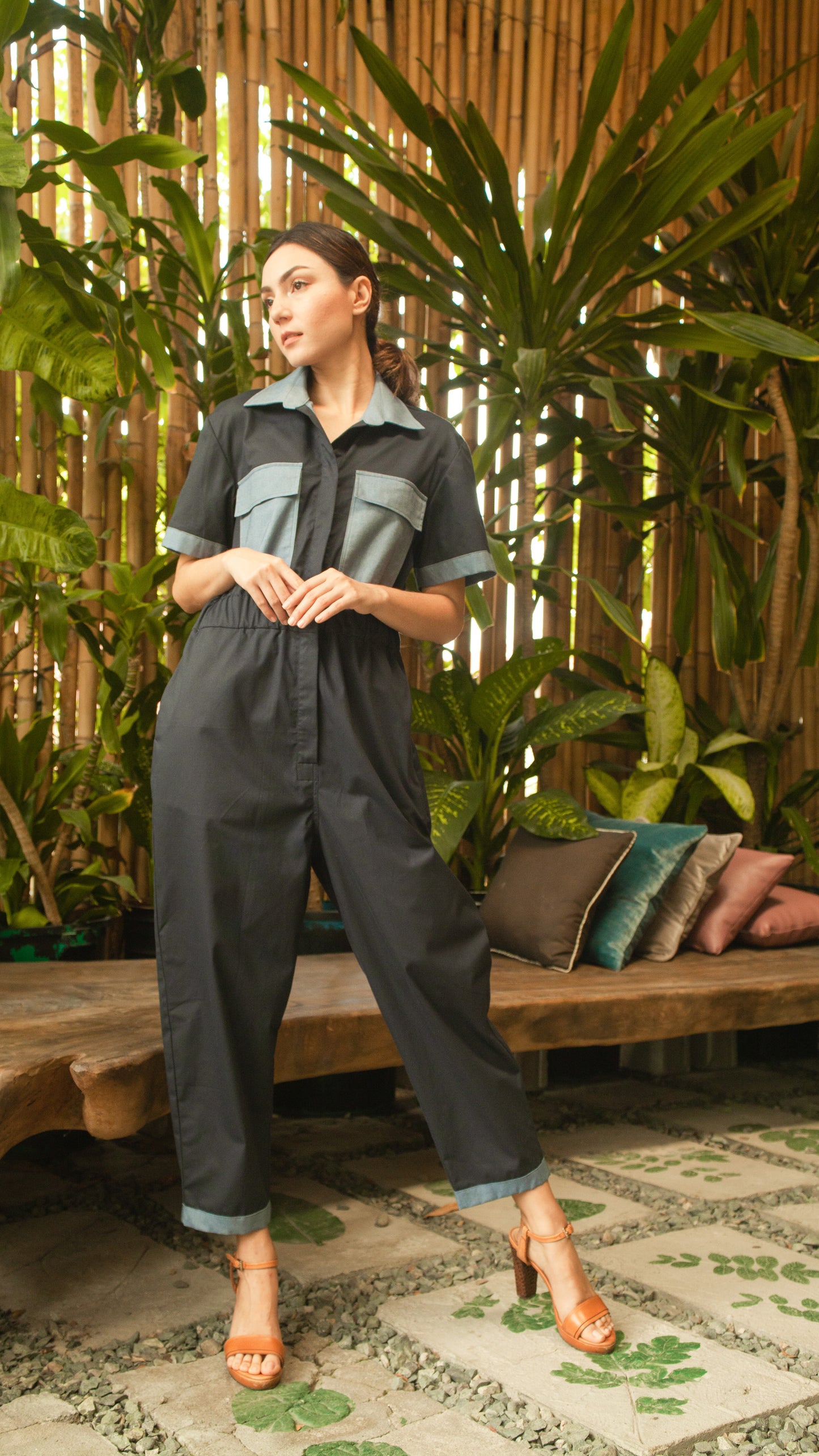 Elastic Waist Oversized Short Sleeve Baggy Jumpsuit — Dark Blue / Light Blue