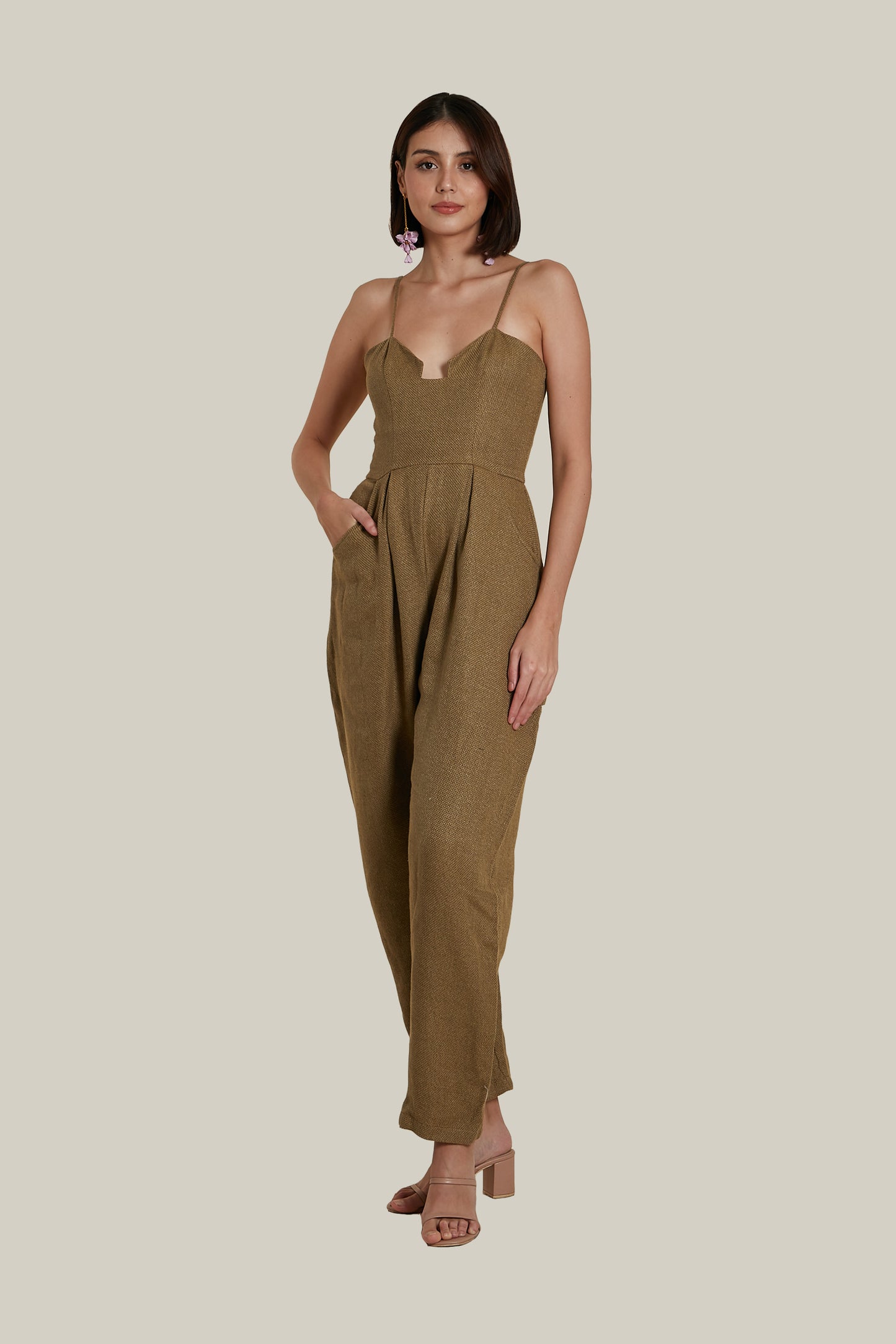 Sweetheart Baggy Jumpsuit in Brown Thick Woven Linen