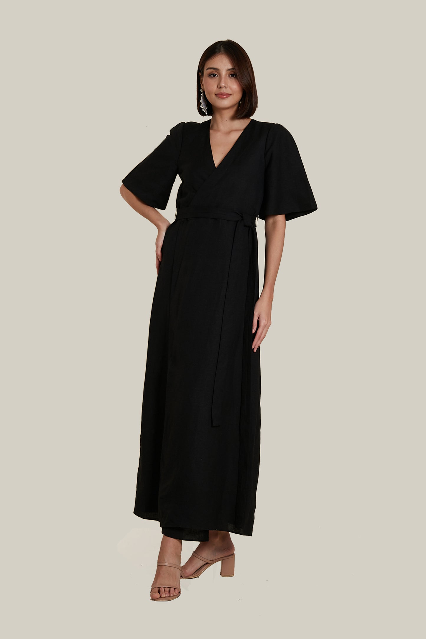 Wrap A-line Dress in Black Linen