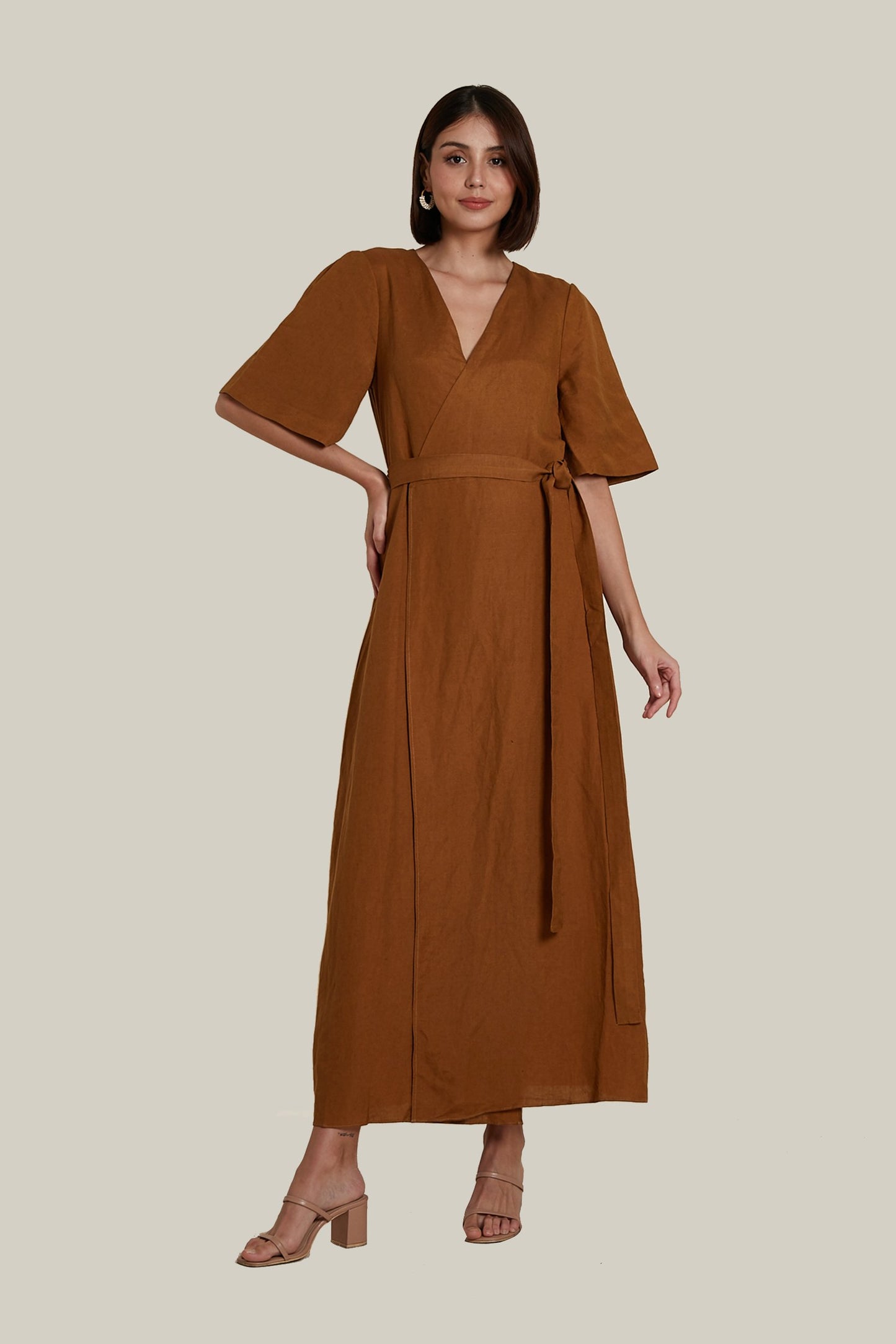 Wrap A-line Dress in Brown Linen