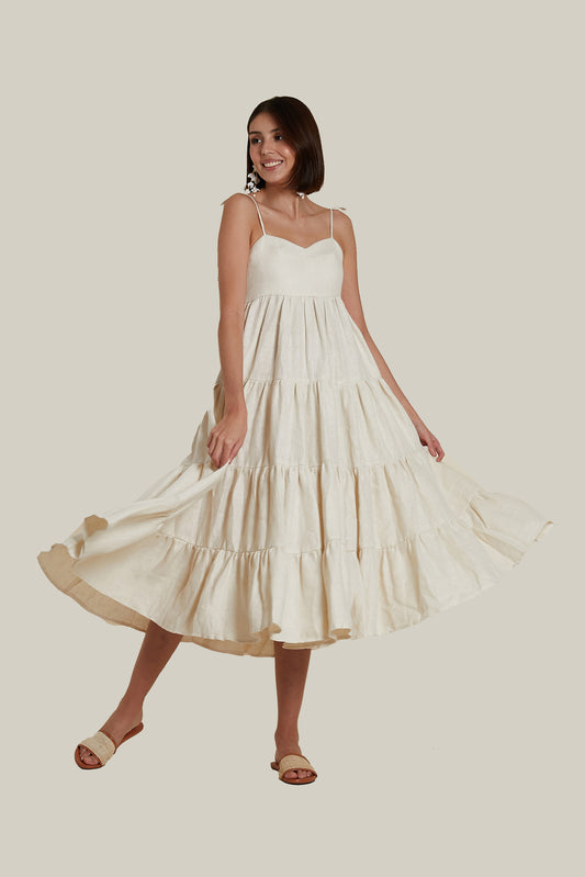 Sweetheart Tiered Dress in Beige Linen Twill Weave