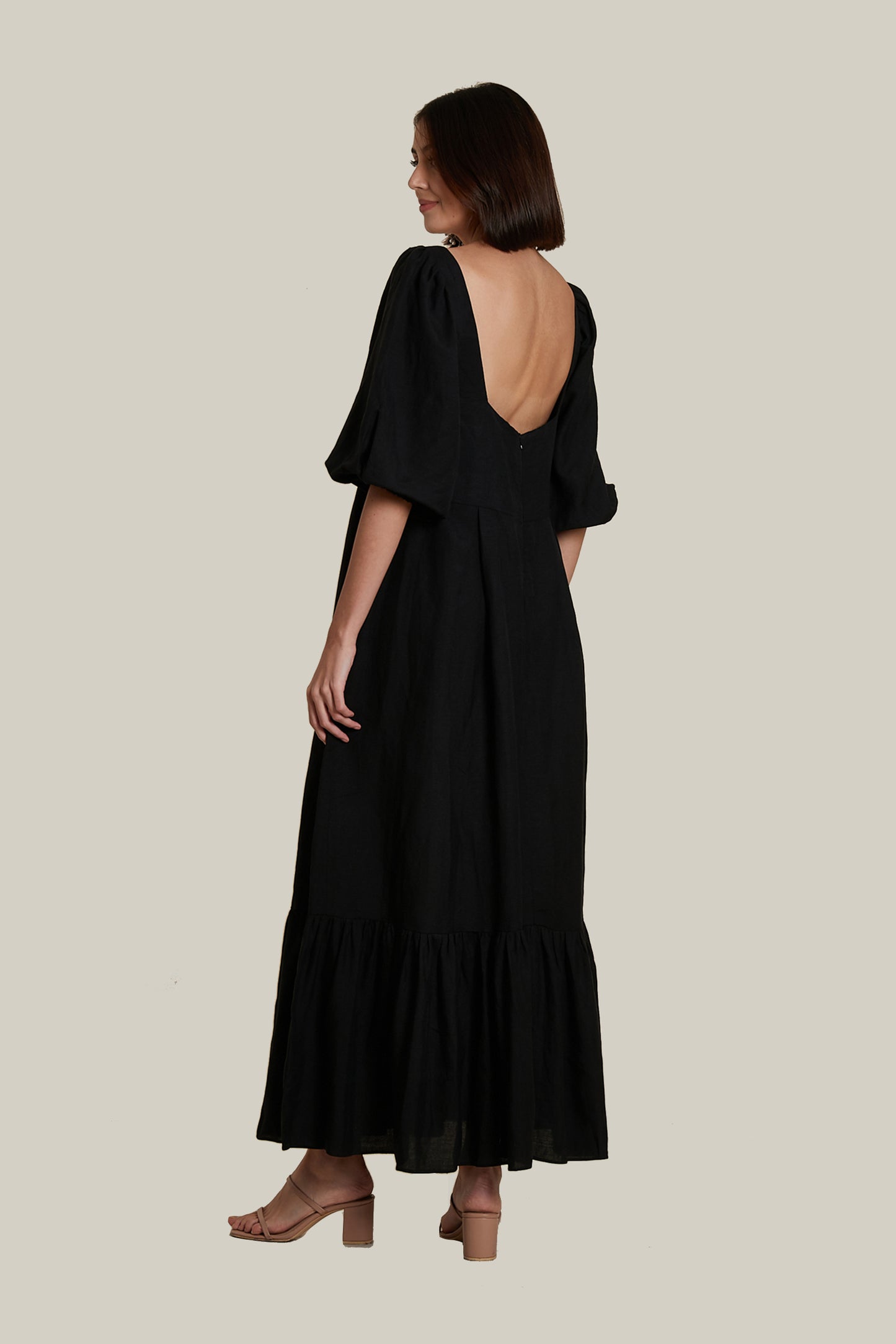 Back Zip Puff Sleeve Dress in Black Linen