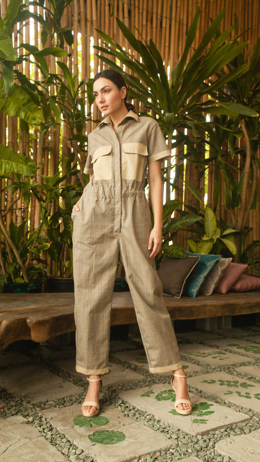 Elastic Waist Oversized Short Sleeve Baggy Jumpsuit — Checkered / Khaki