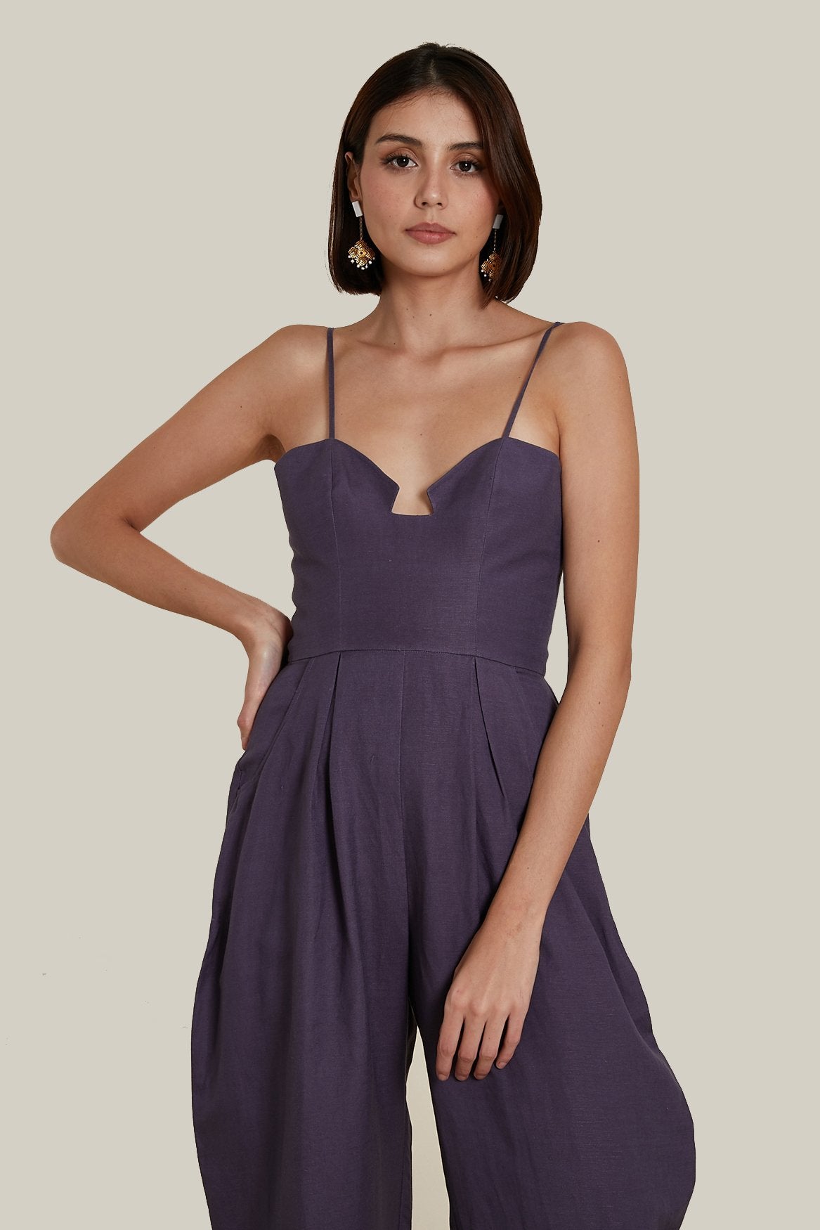 Sweetheart Baggy Jumpsuit in Deep Purple Linen