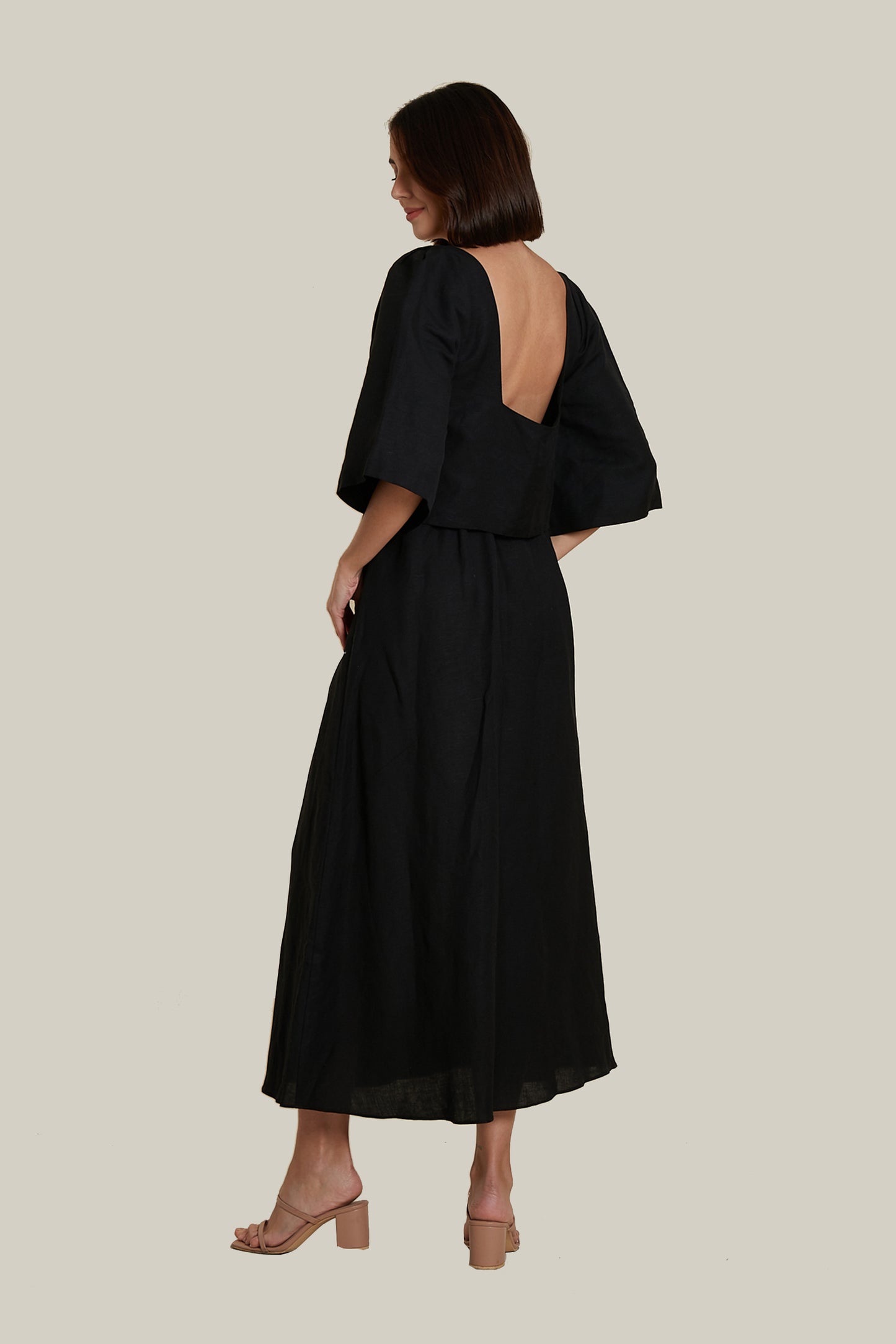 Low Back Crop Top in Black Linen