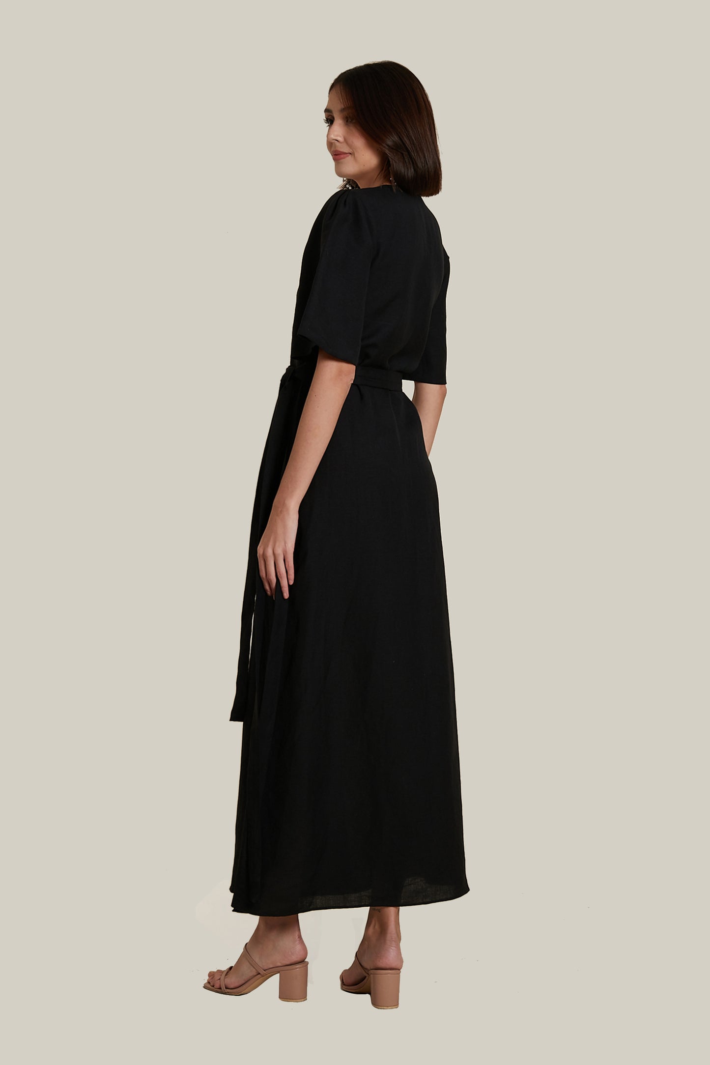 Wrap A-line Dress in Black Linen