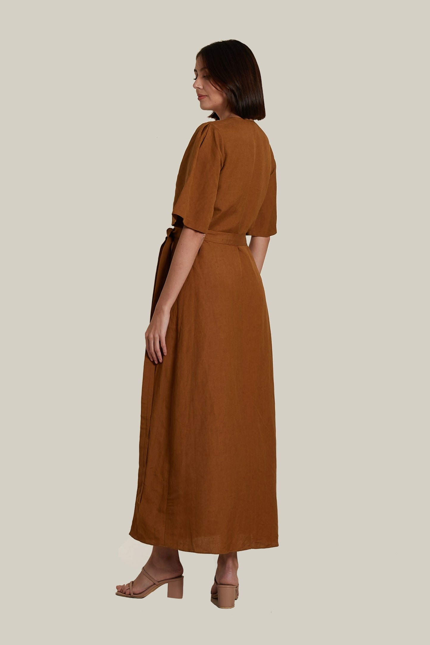 Wrap A-line Dress in Brown Linen