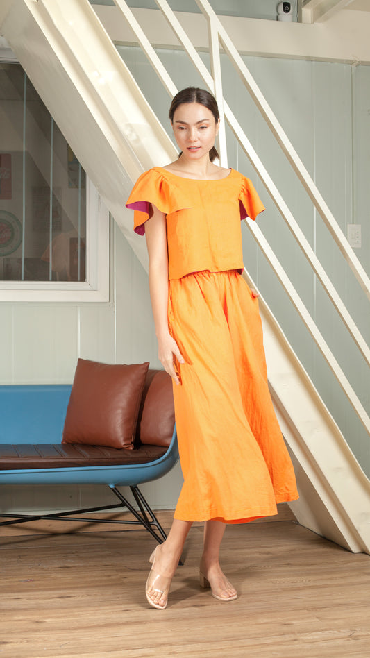 Orange Linen Full Elastic Wide Hem Pants - Petite and Regular