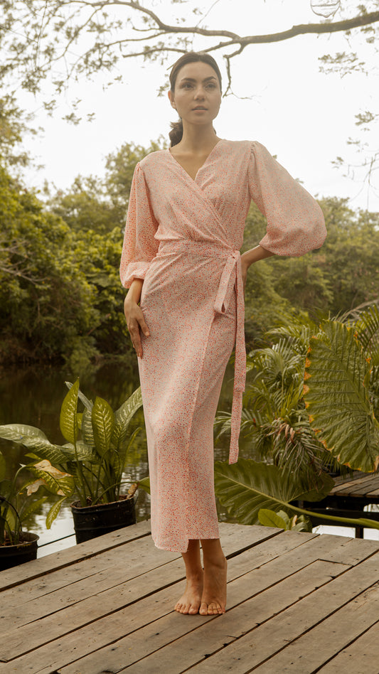 3/4 Mushroom Sleeve Wrap Long Dress — Floral