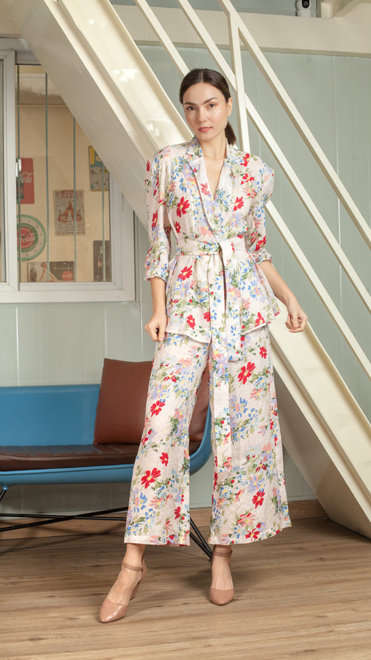 Single Button Flat Waistband Back Elastic Wide Hem Pants — Pink Floral