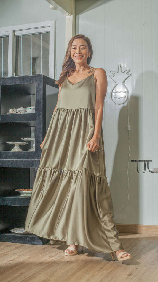 Double Strap V-Neckline Long Dress in Olive Crepe