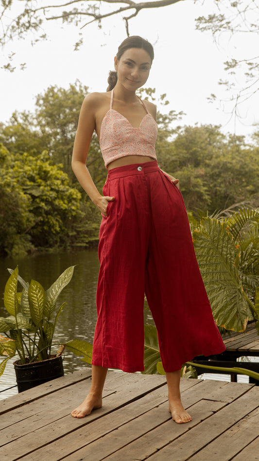 Single Button Front Zip Flat Front Waistband Back Elastic Wide Hem Pants — Maroon