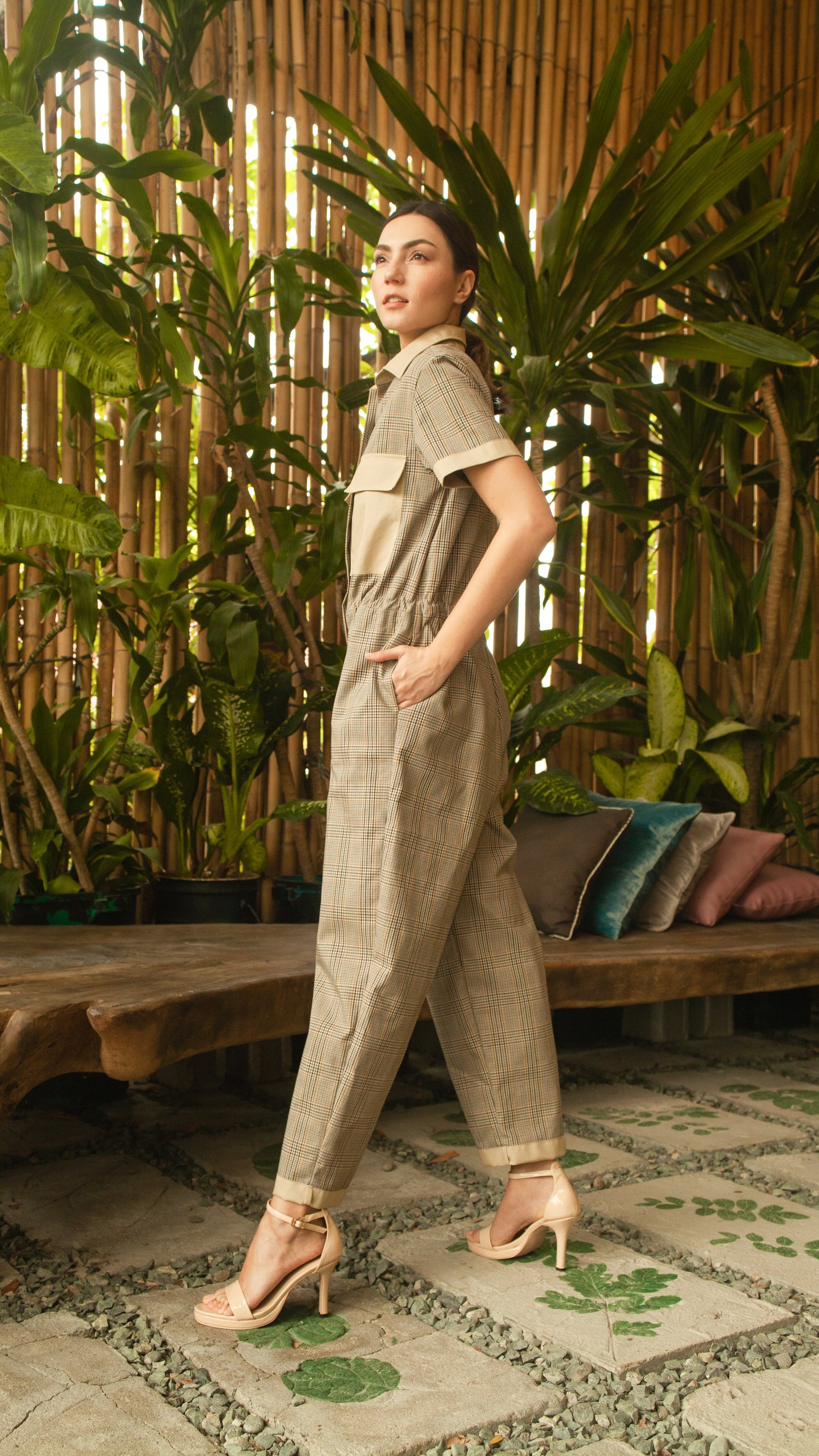 Elastic Waist Oversized Short Sleeve Baggy Jumpsuit — Checkered / Khaki