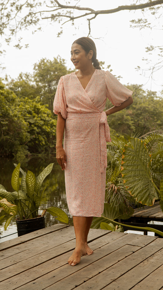 Short Mushroom Sleeve Wrap Midi Dress — Floral