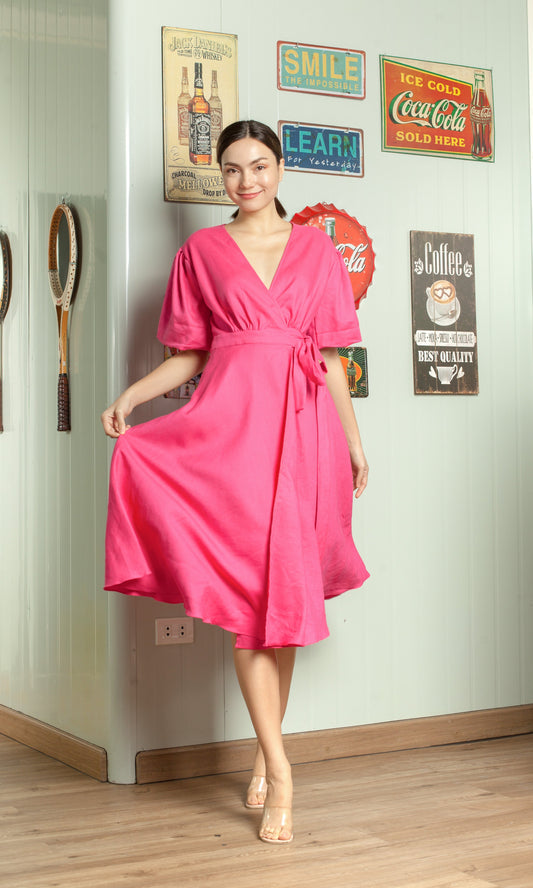 Short Mushroom Sleeve Wrap Midi Dress — Hot Pink