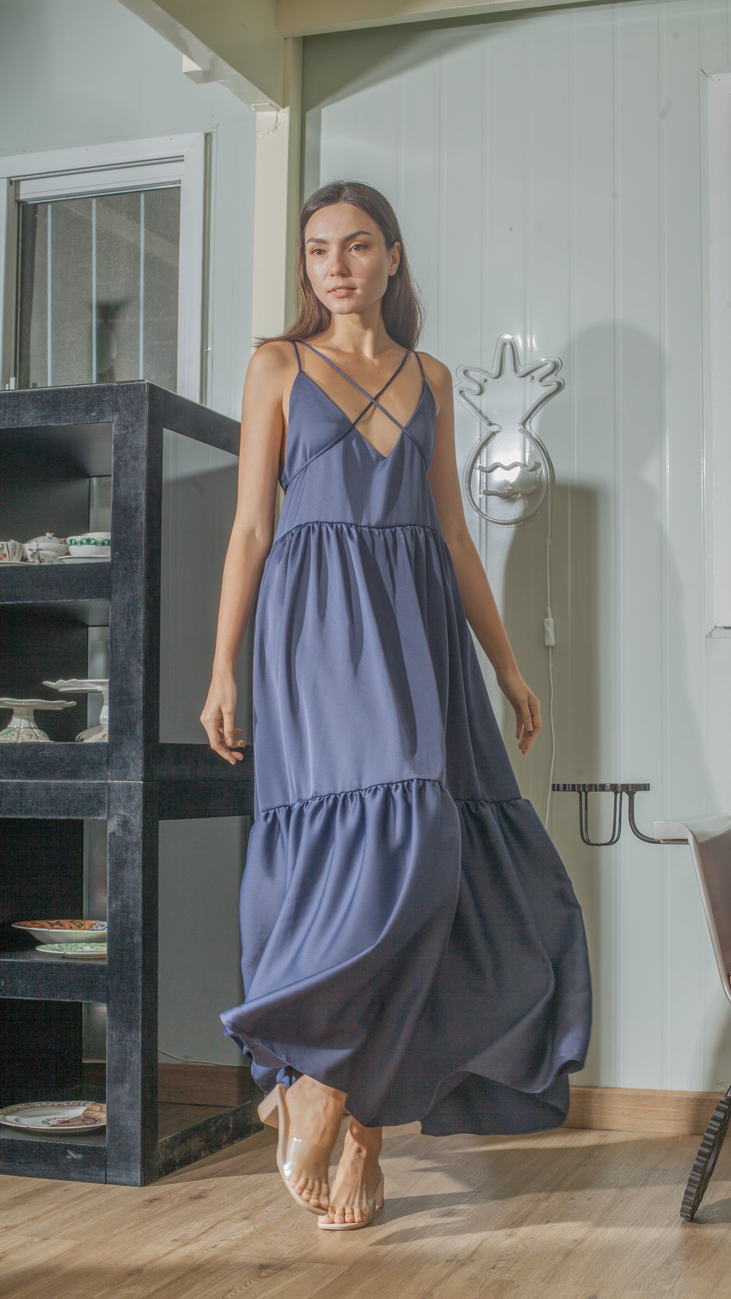 Double Strap V-Neckline Long Dress in Blue Crepe