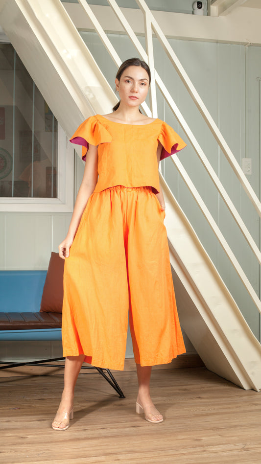 Orange Linen Full Elastic Wide Hem Pants - Petite and Regular