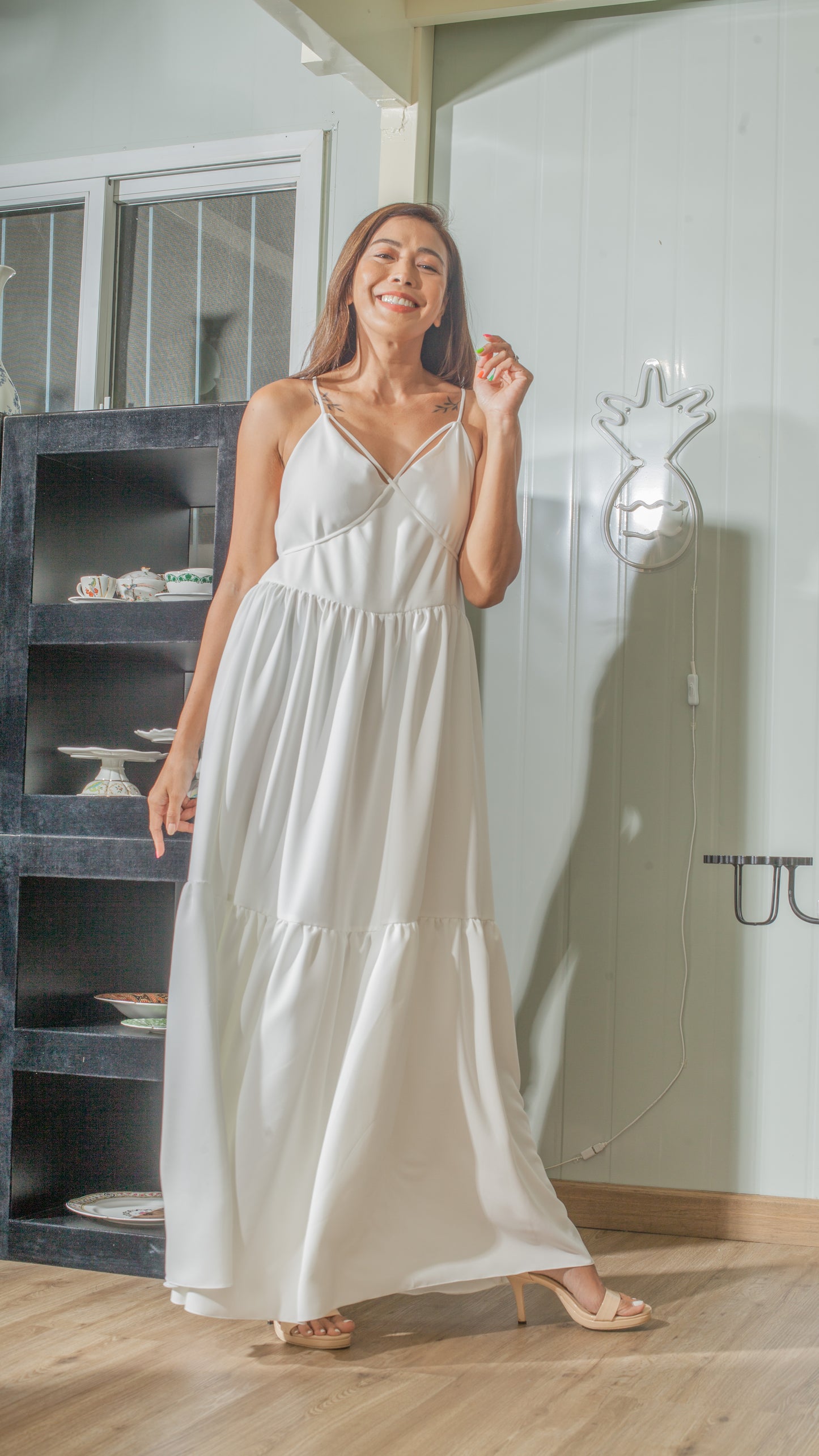 Double Strap V-Neckline Long Dress in White Crepe