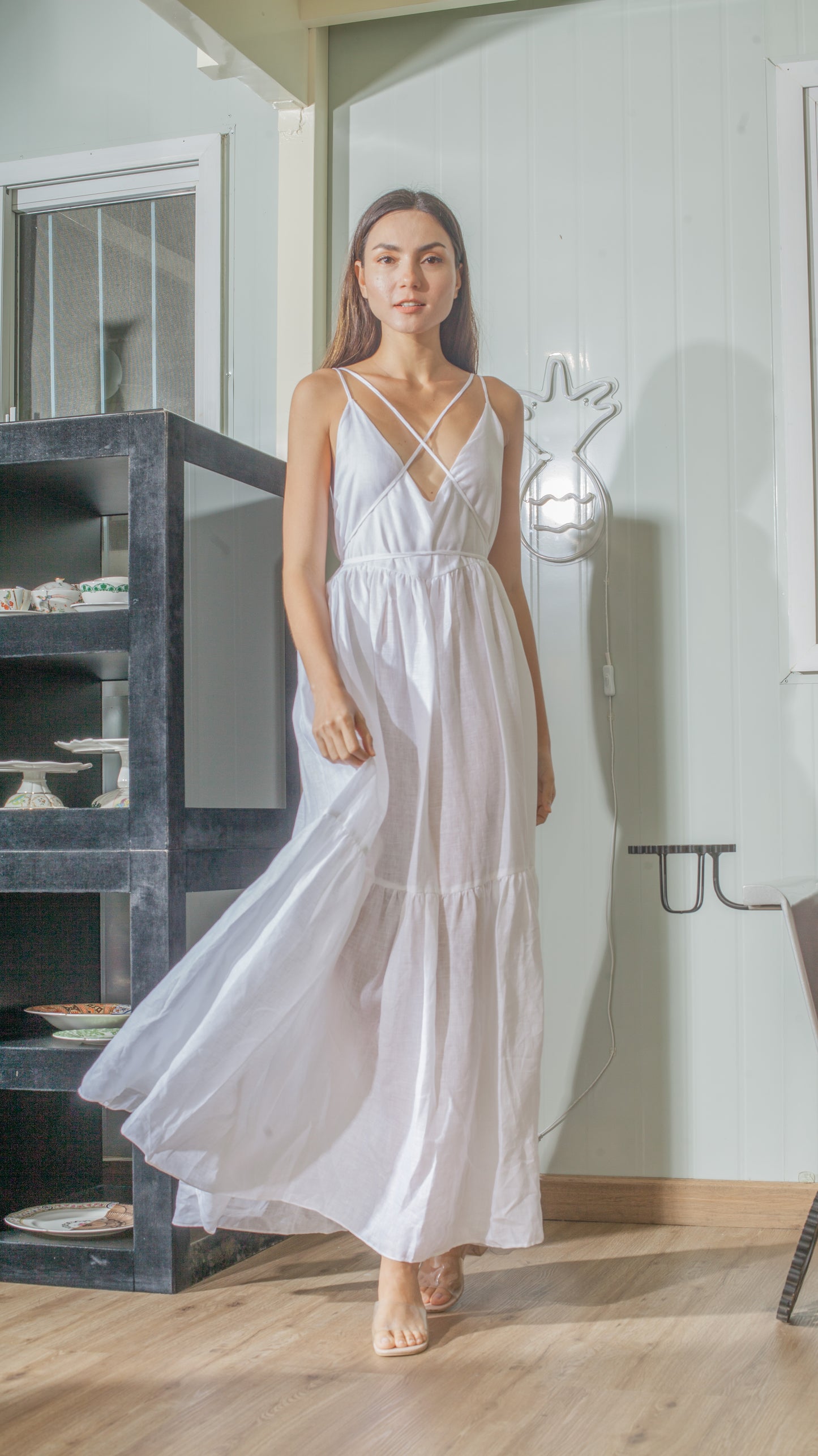 Double Strap V-Neckline Long Dress in White Linen