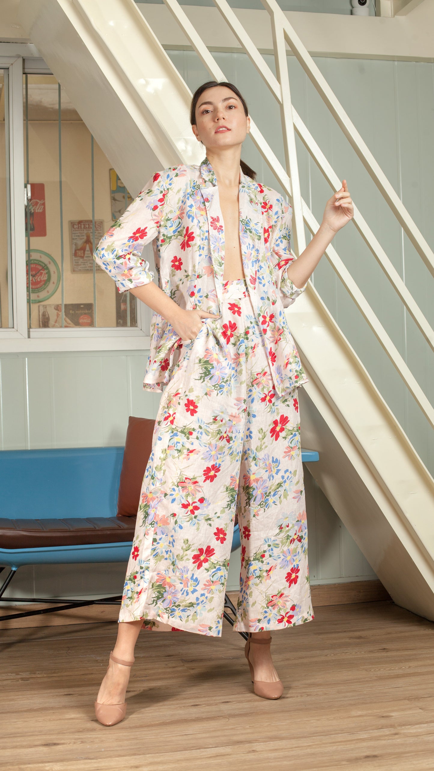 Single Button Flat Waistband Back Elastic Wide Hem Pants — Pink Floral