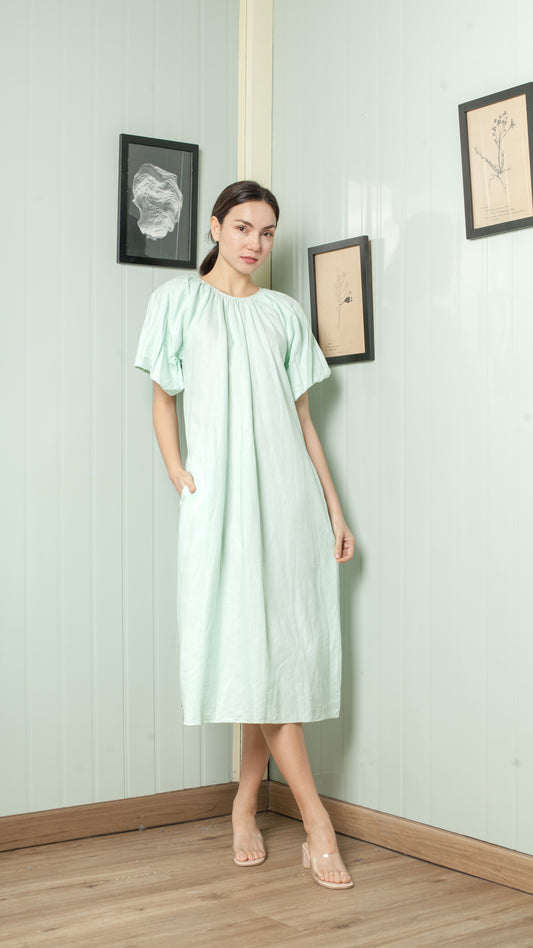 Shirred Neckline Detail Short Mushroom Sleeve Midi Dress — Mint