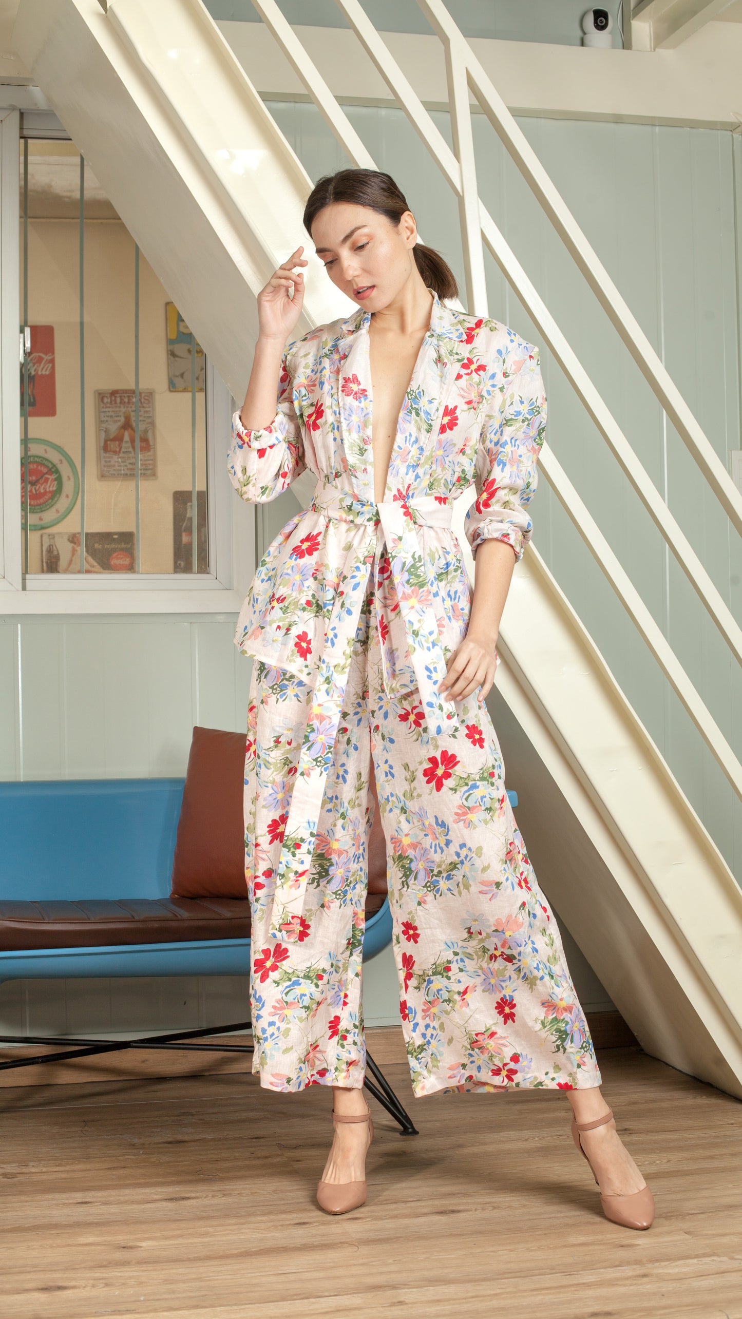 Single Button Flat Waistband Back Elastic Wide Hem Pants — Pink Floral