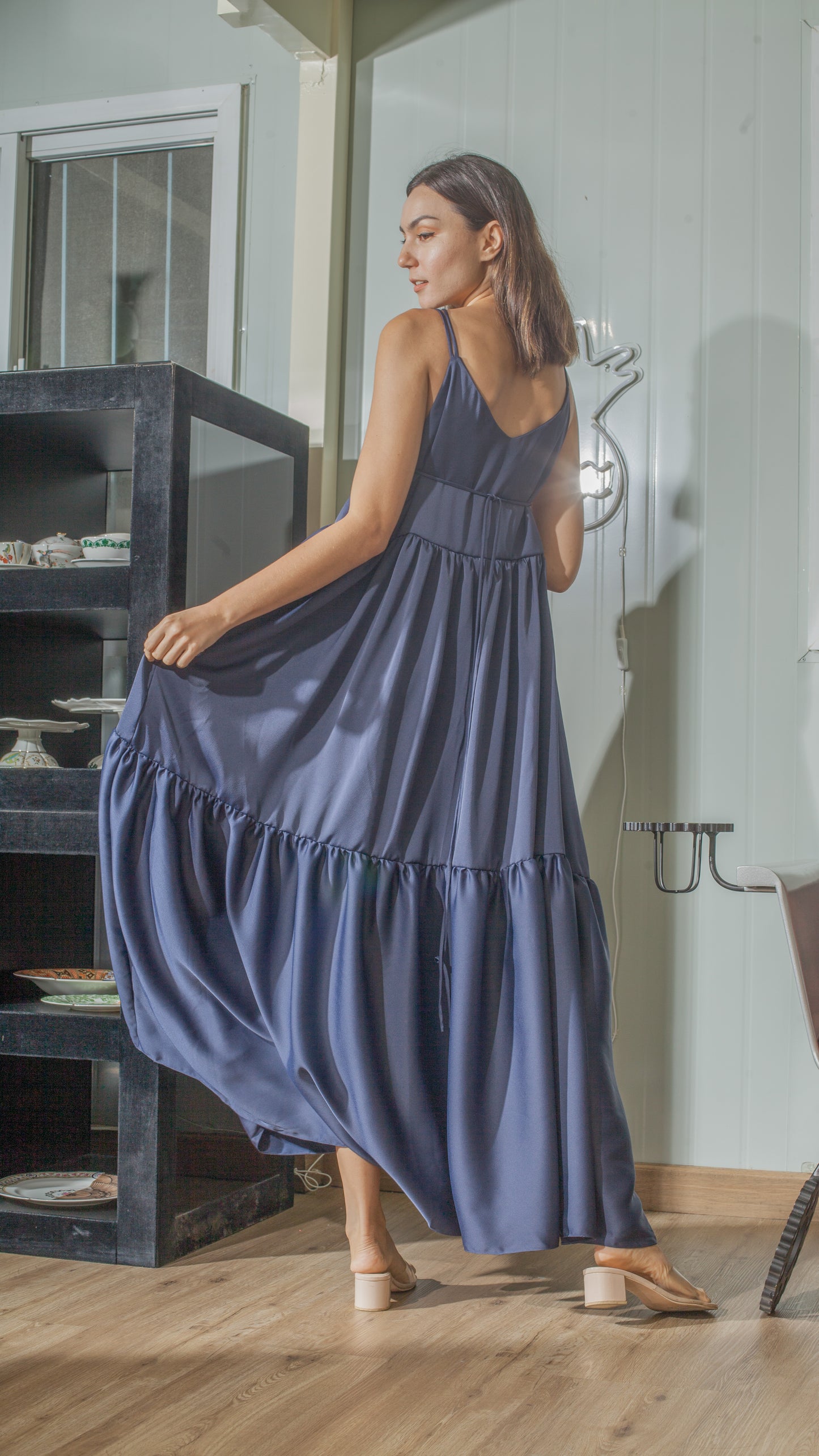 Double Strap V-Neckline Long Dress in Blue Crepe