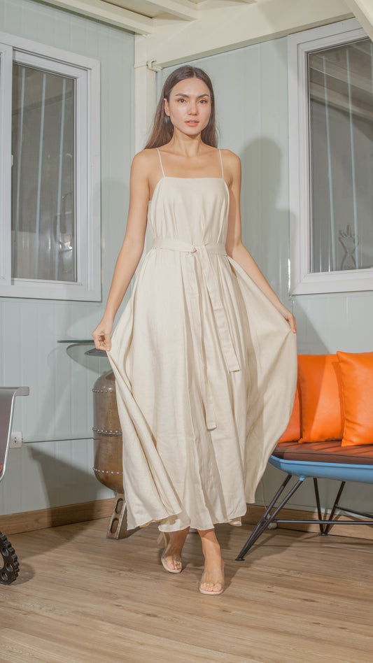 Spaghetti Strap Balloon Dress in Beige Linen