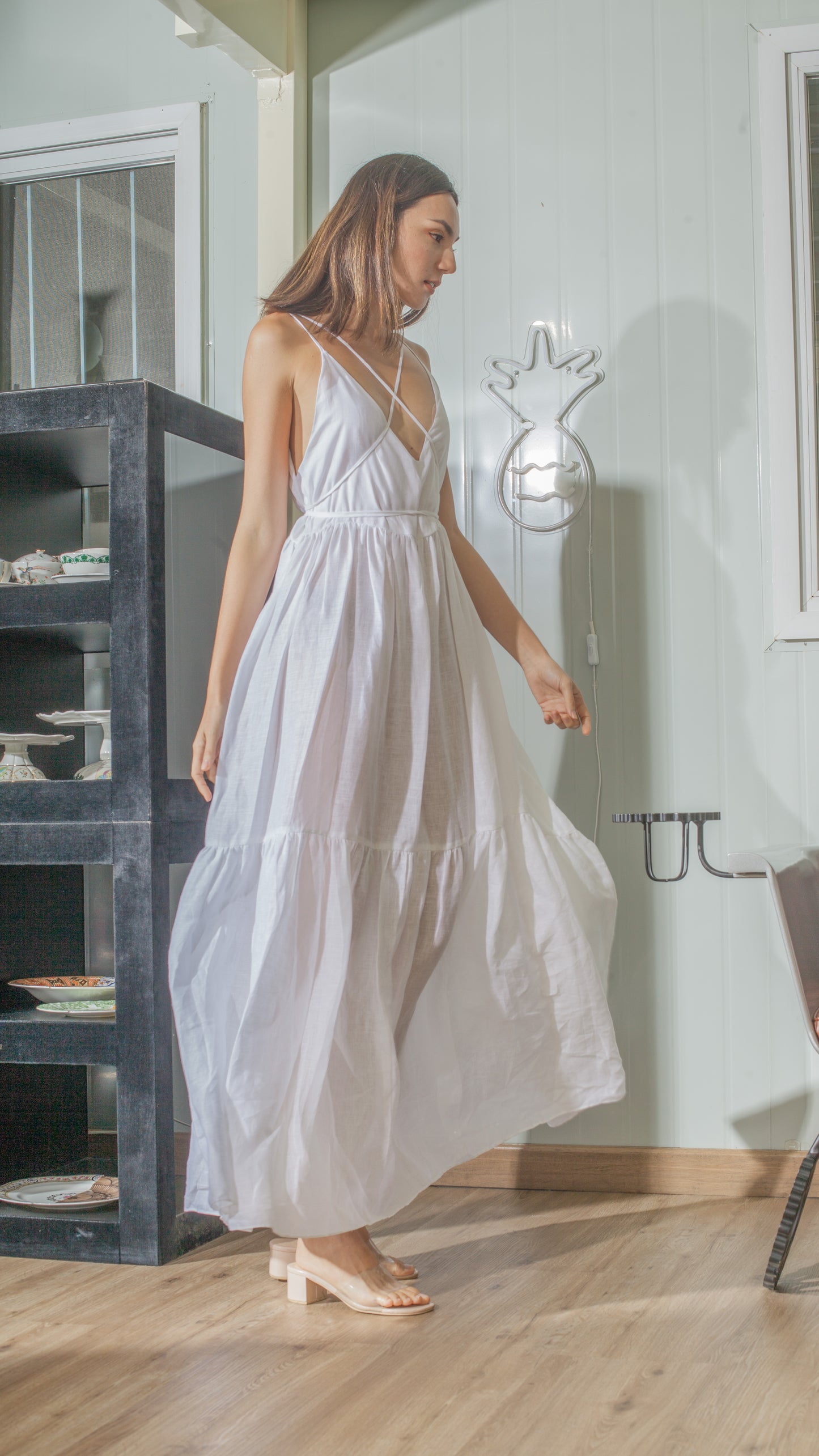 Double Strap V-Neckline Long Dress in White Linen