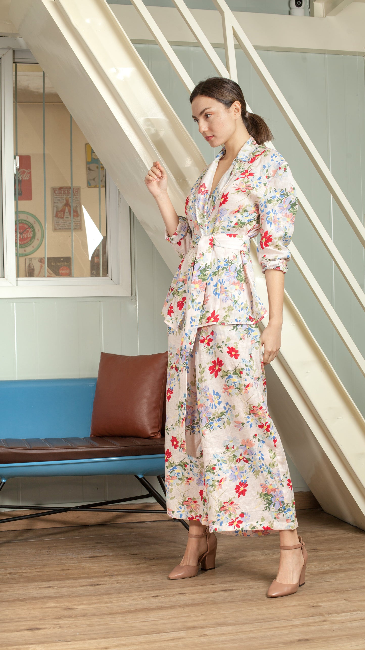 Single Button Flat Waistband Back Elastic Wide Hem Pants — Pink Floral