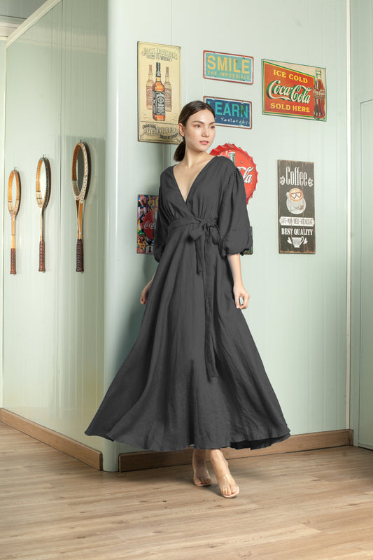 3/4 Mushroom Sleeve Wrap Long Dress — Black