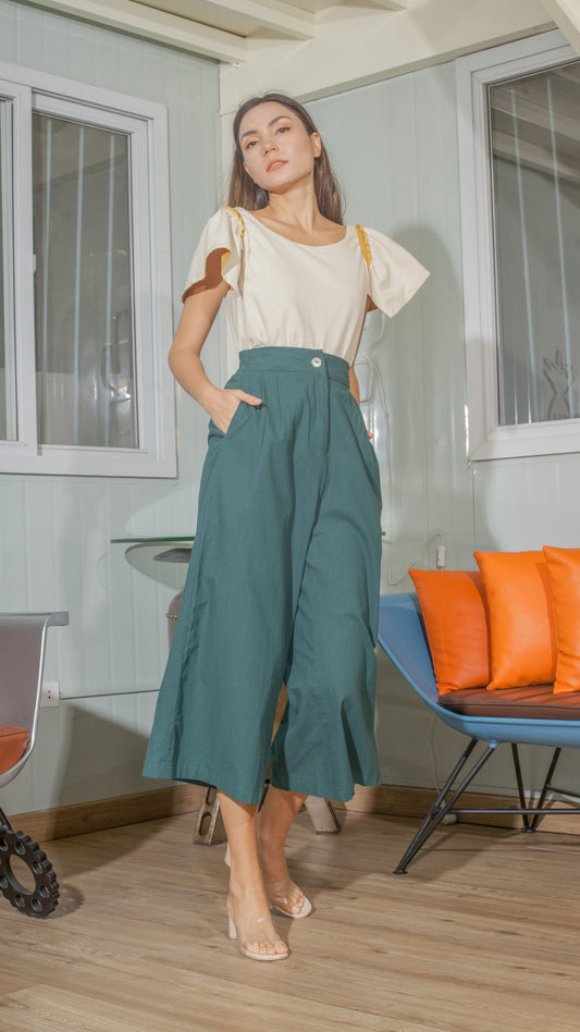 Single Button Front Zip Flat Front Waistband Back Elastic Wide Hem Pants — Dark Emerald