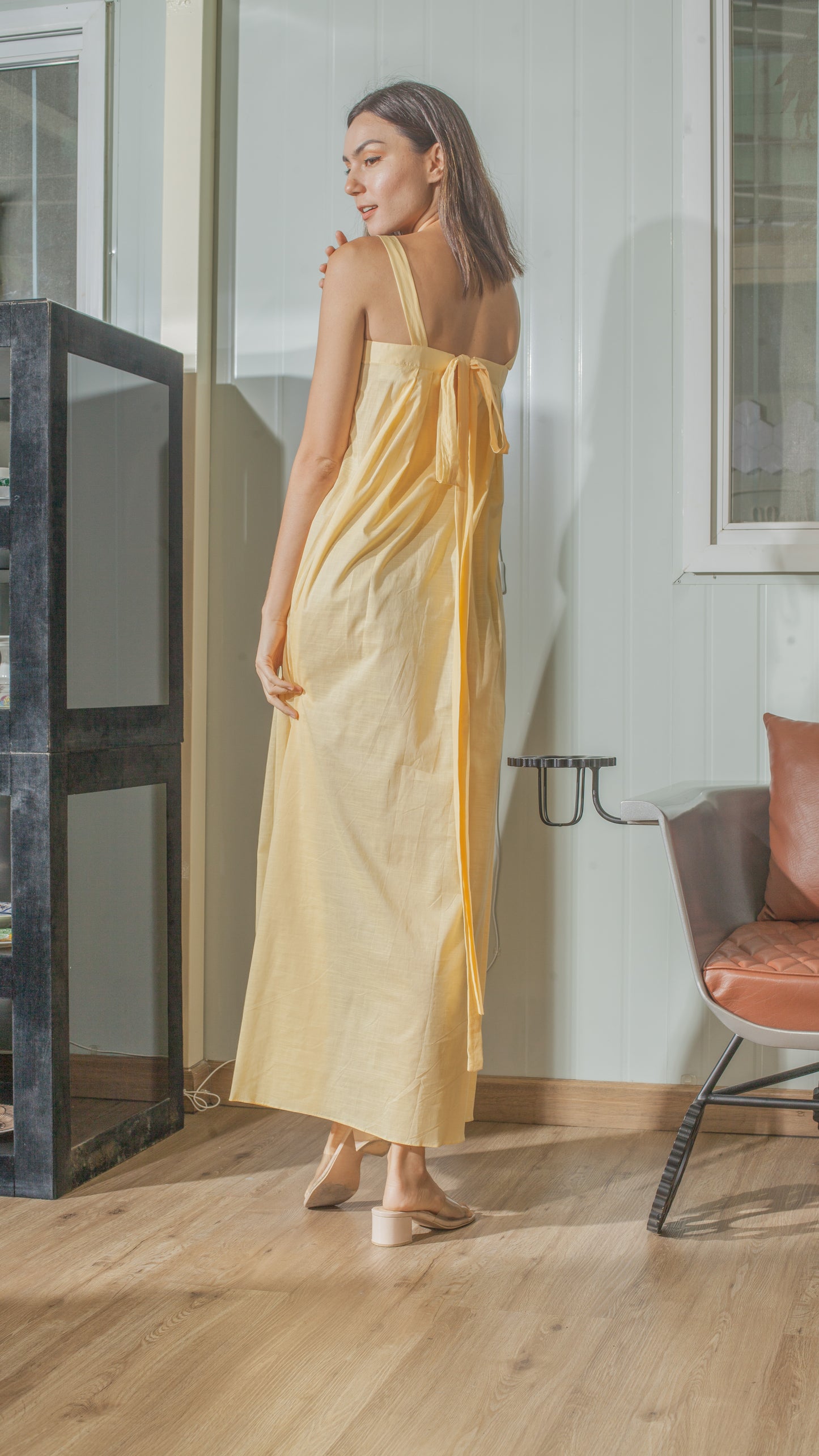 Tie Back Ribbon Dress in Light Yellow Lightweight Cotton Weave