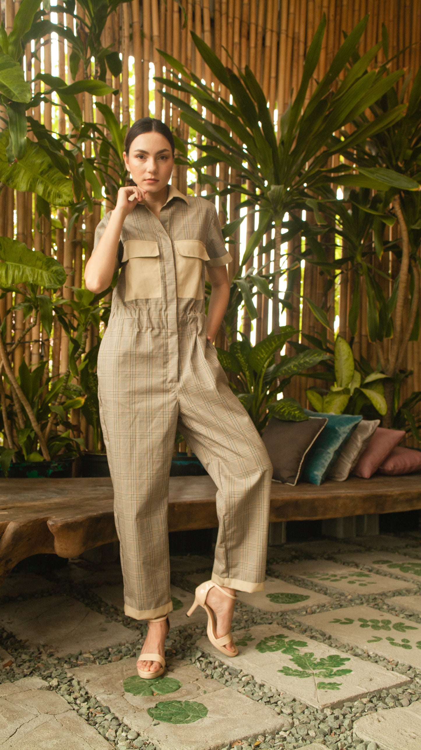 Elastic Waist Oversized Short Sleeve Baggy Jumpsuit — Checkered / Khaki