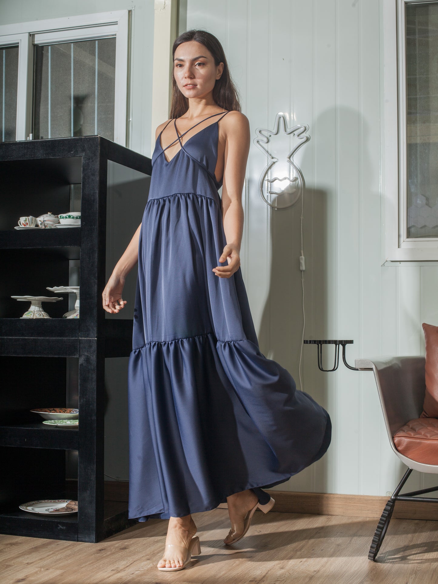 Double Strap V-Neckline Long Dress in Blue Crepe