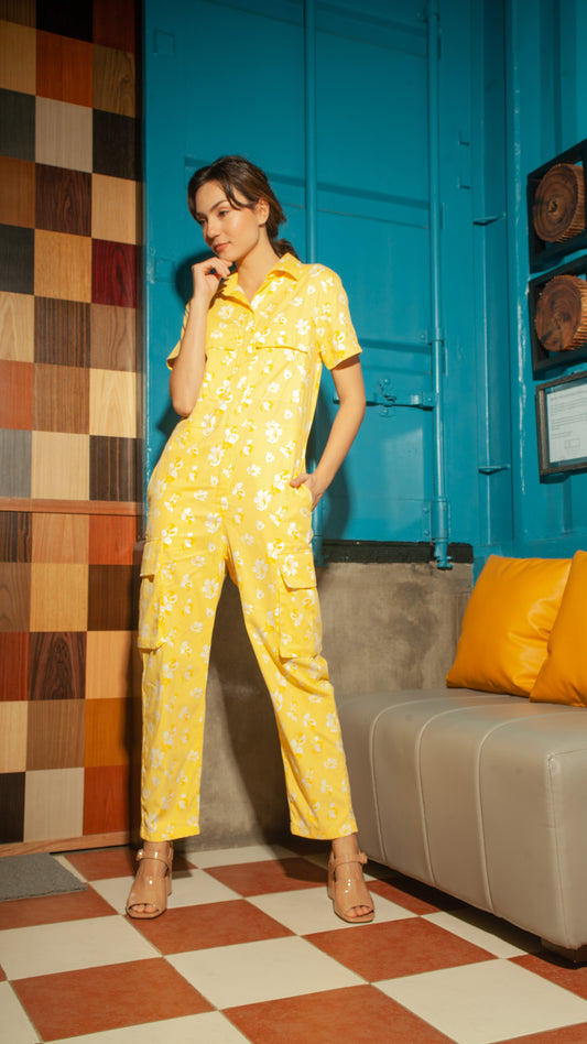 Short Sleeve Tapered Jumpsuit — Yellow Floral