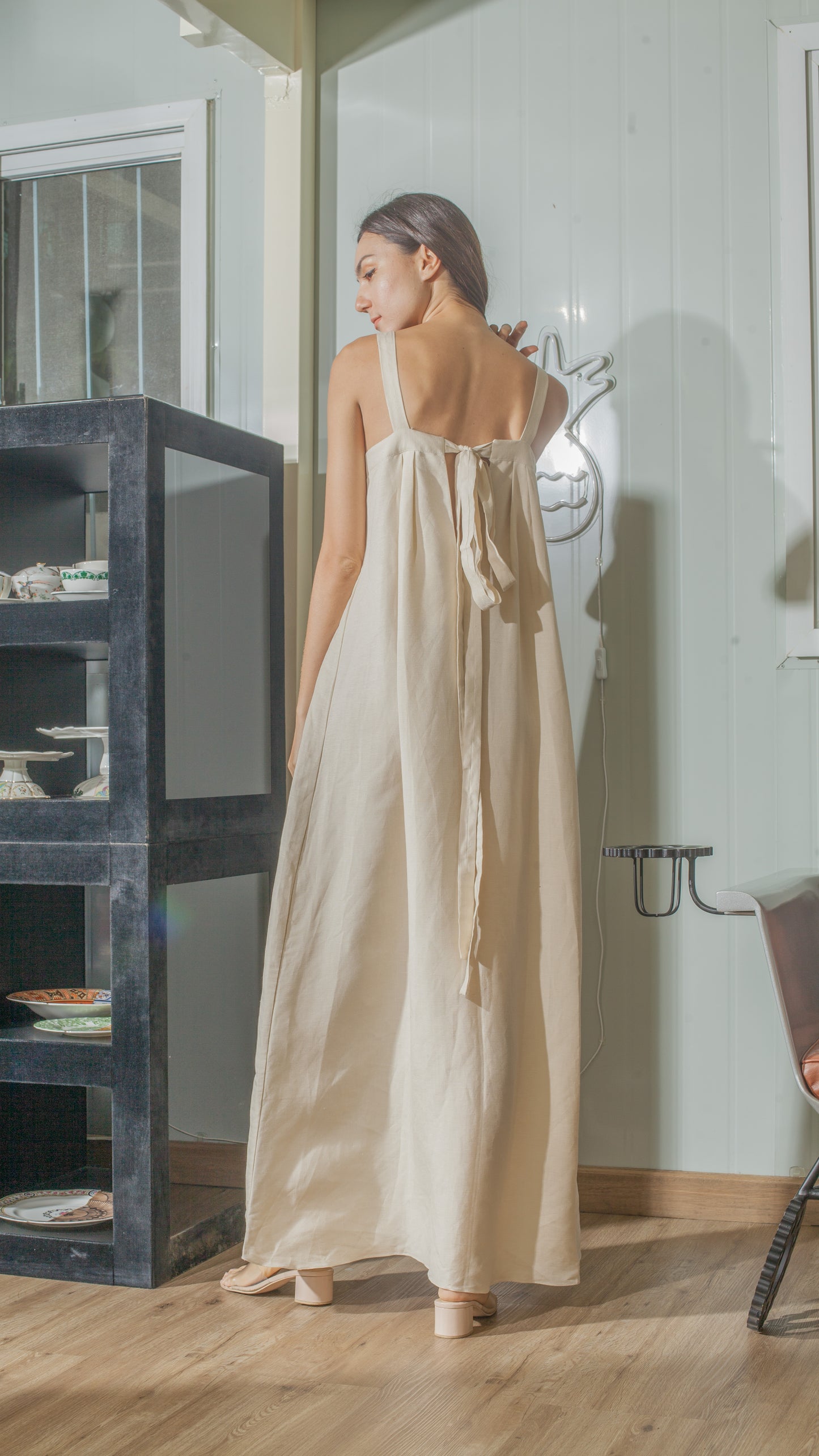 Tie Back Ribbon Dress in Beige Linen