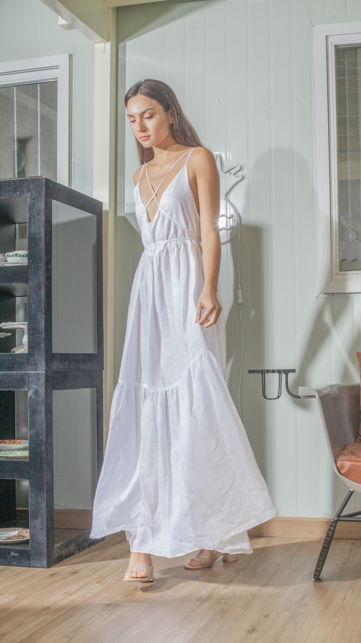 Double Strap V-Neckline Long Dress in White Linen