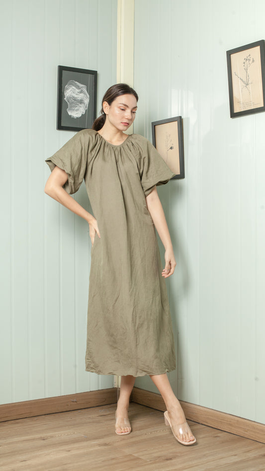 Shirred Neckline Detail Short Mushroom Sleeve Midi Dress — Fatigue Green