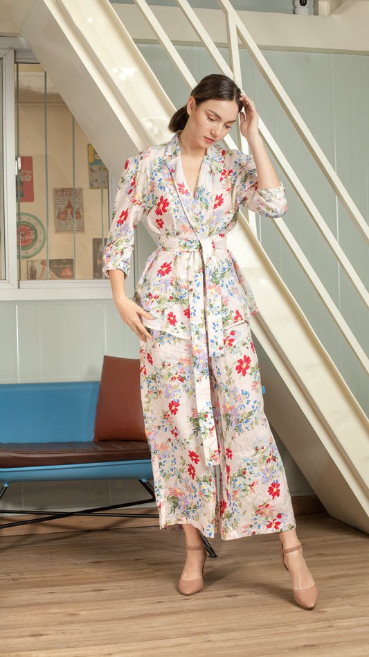 Single Button Flat Waistband Back Elastic Wide Hem Pants — Pink Floral