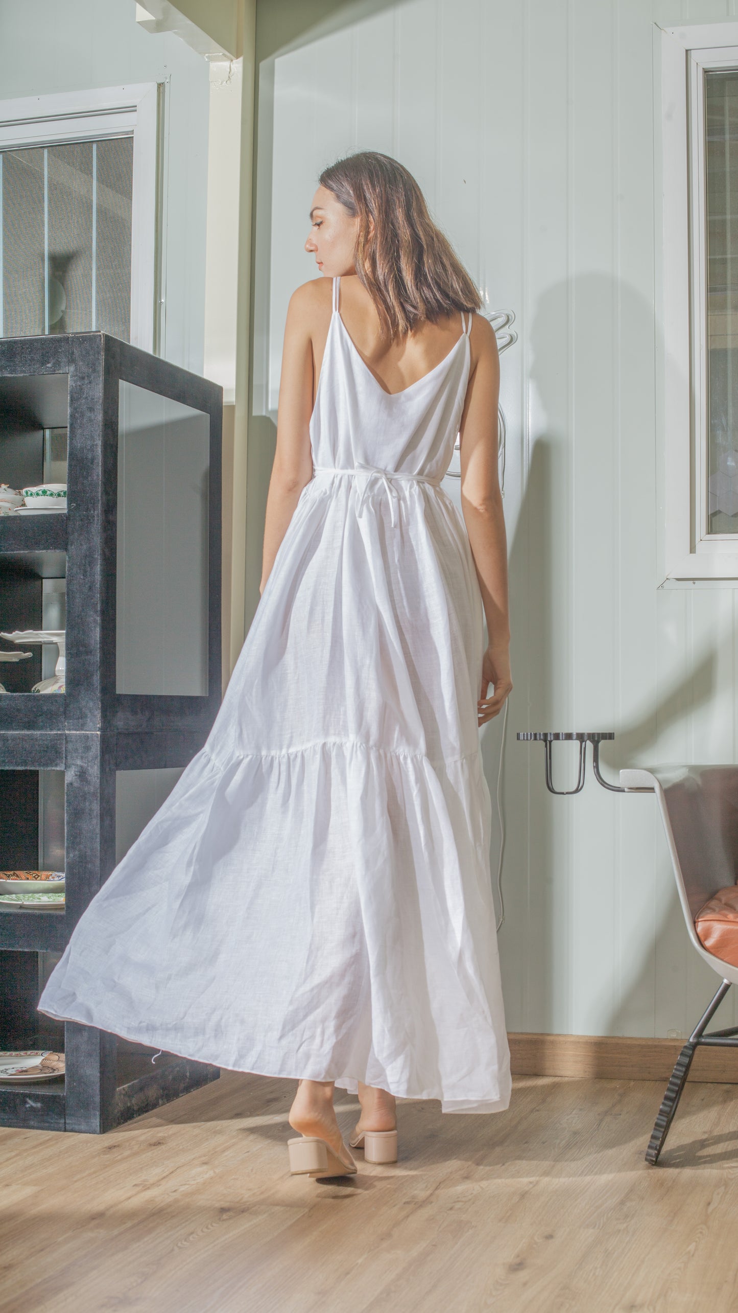 Double Strap V-Neckline Long Dress in White Linen