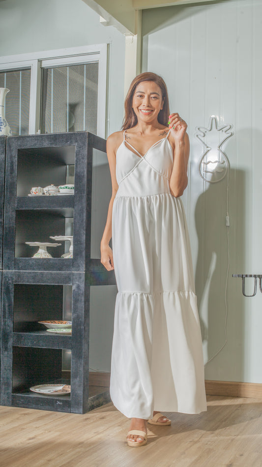 Double Strap V-Neckline Long Dress in White Crepe