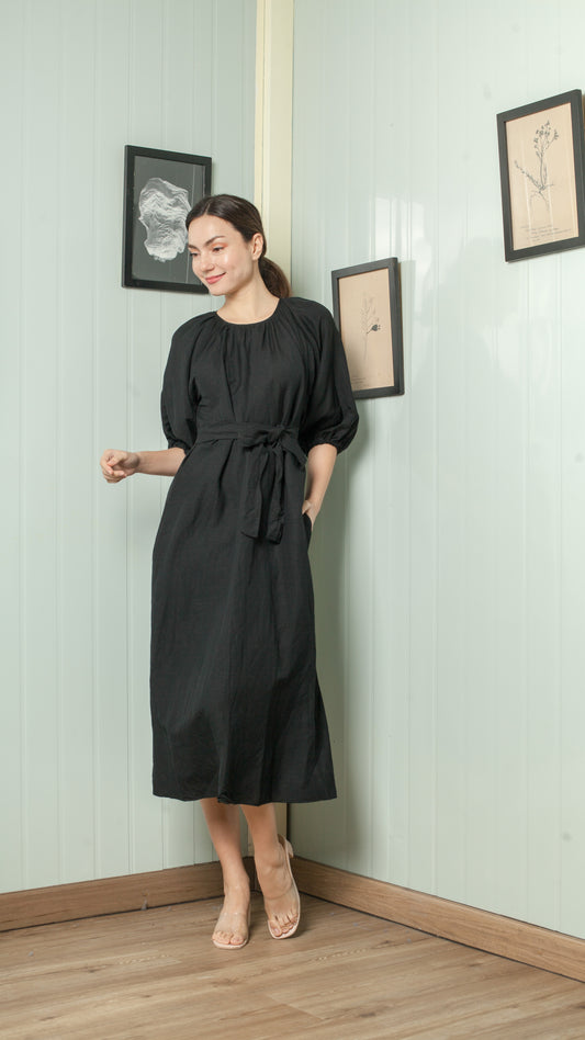 Shirred Neckline Detail Elastic Sleeve Midi Dress — Black