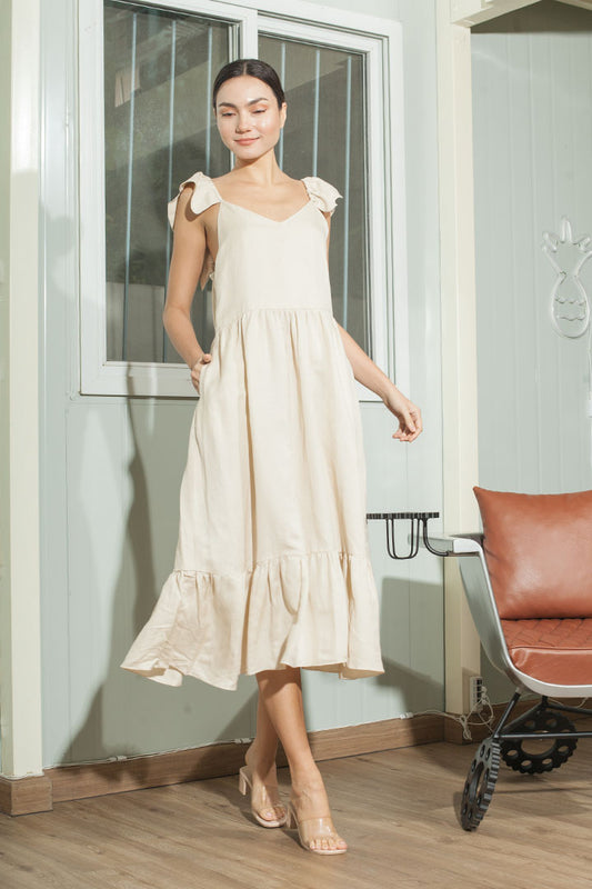 Adjustable Scallop Shoulder Detail Shirred Dress — Beige